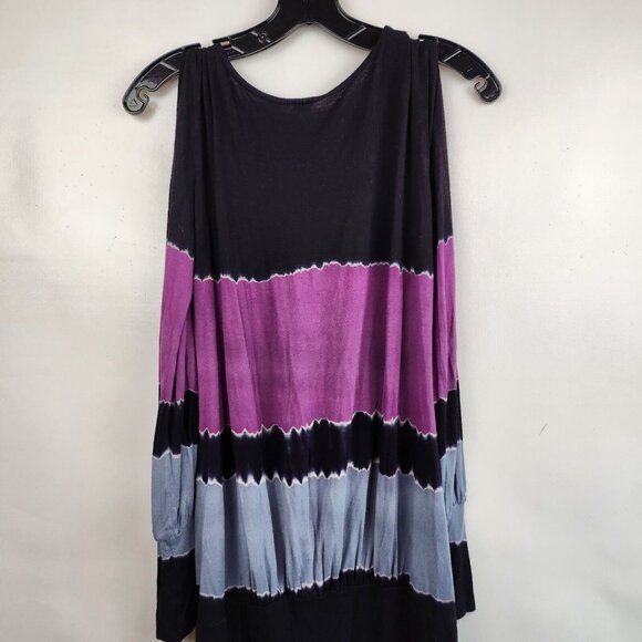 S-Twelve Womens Mini Dress Medium Black Purple Tie Dye Cold Shoulder Hippie BOHO - Picture 7 of 9